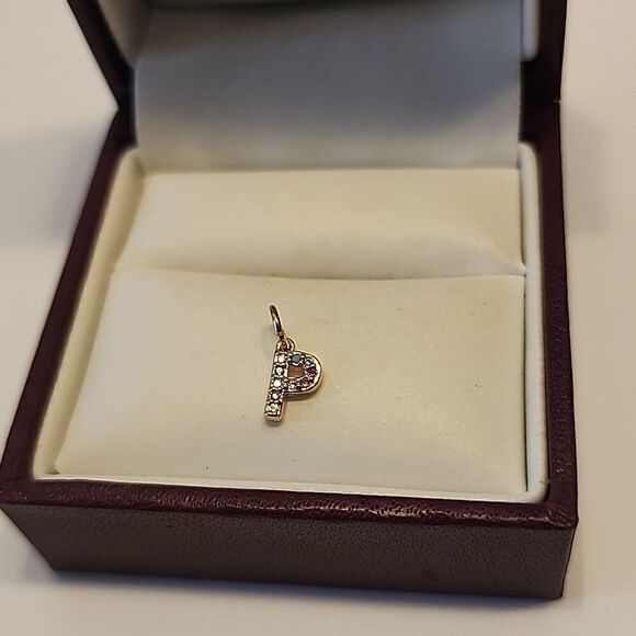 Dainty P Initial Rhinestone Charm Pendant  Gold Tone - Picture 2 of 5